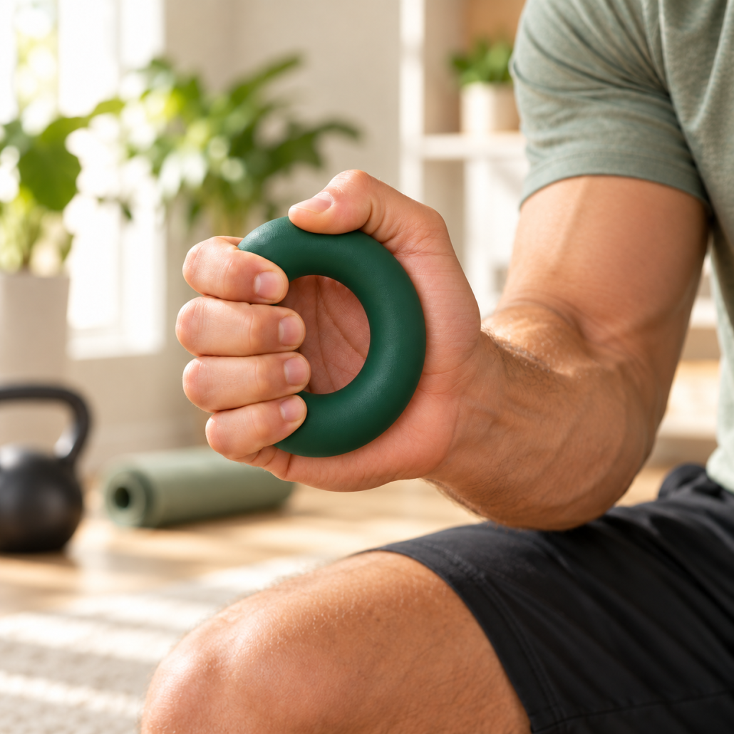 Hand holding a round green silicone hand exerciser in a bright home workout space